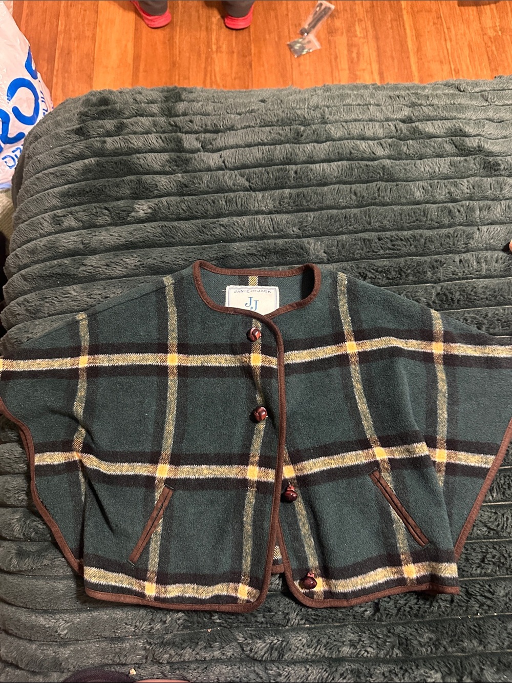 Janie and Jack Dark Green Plaid Cape with Brown Trim